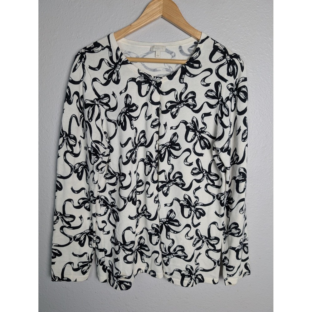 Talbots Cardigan Sweater Womens L White Geometric Button Front Long Sleeve Knit